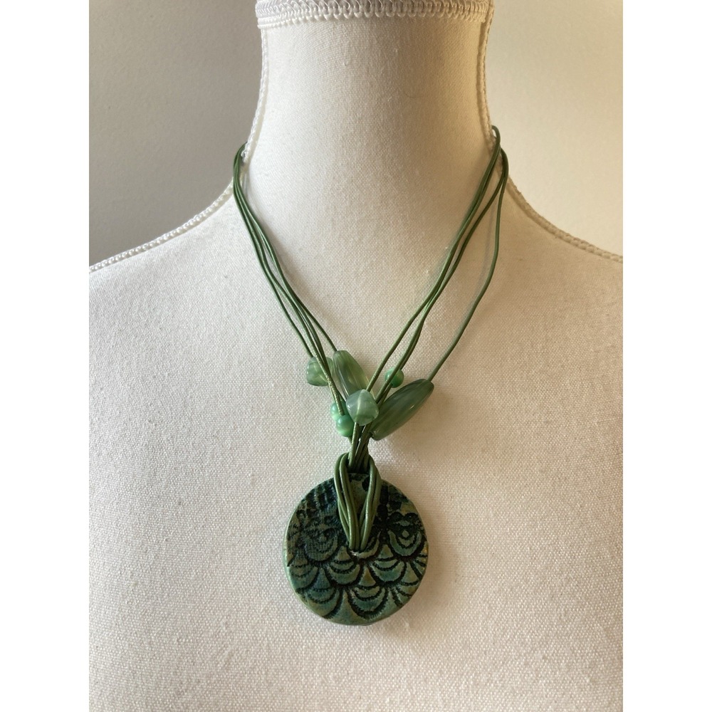 Artisan Multi Strand Cord Necklace Round Pendant Boho Statement Sea Green‎ Artsy